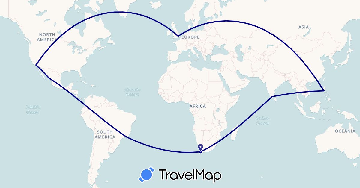 TravelMap itinerary: driving in Brazil, United Kingdom, India, Mexico, Mozambique, Philippines, United States, South Africa (Africa, Asia, Europe, North America, South America)